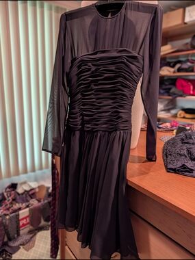 A.J. Bari Black Long-Sleeve Ruched Bodice Prom Dress